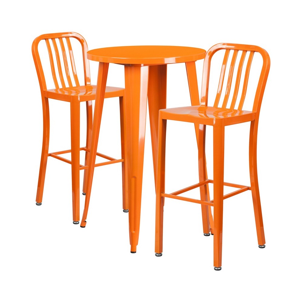 Commercial Grade 24" Round Orange Metal Indoor-Outdoor Bar Table Set with 2 Vertical Slat Back Stools