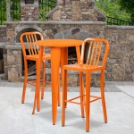 Commercial Grade 24" Round Orange Metal Indoor-Outdoor Bar Table Set with 2 Vertical Slat Back Stools