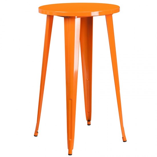 Commercial Grade 24" Round Orange Metal Indoor-Outdoor Bar Table Set with 2 Vertical Slat Back Stools