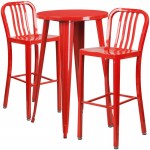 Commercial Grade 24" Round Red Metal Indoor-Outdoor Bar Table Set with 2 Vertical Slat Back Stools