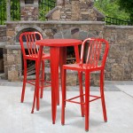 Commercial Grade 24" Round Red Metal Indoor-Outdoor Bar Table Set with 2 Vertical Slat Back Stools