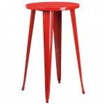 Commercial Grade 24" Round Red Metal Indoor-Outdoor Bar Table Set with 2 Vertical Slat Back Stools