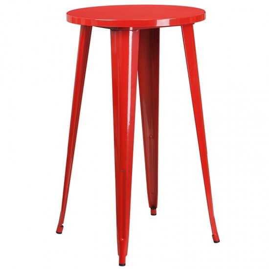 Commercial Grade 24" Round Red Metal Indoor-Outdoor Bar Table Set with 2 Vertical Slat Back Stools