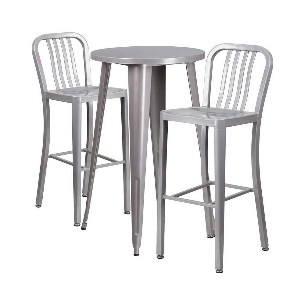 Commercial Grade 24" Round Silver Metal Indoor-Outdoor Bar Table Set with 2 Vertical Slat Back Stools