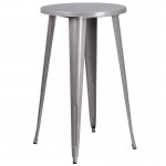 Commercial Grade 24" Round Silver Metal Indoor-Outdoor Bar Table Set with 2 Vertical Slat Back Stools