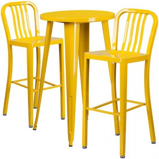 Commercial Grade 24" Round Yellow Metal Indoor-Outdoor Bar Table Set with 2 Vertical Slat Back Stools