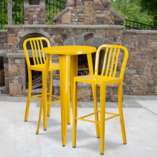 Commercial Grade 24" Round Yellow Metal Indoor-Outdoor Bar Table Set with 2 Vertical Slat Back Stools