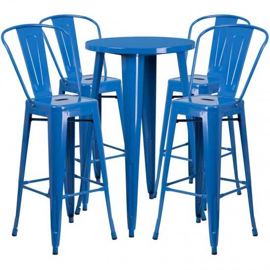 Commercial Grade 24" Round Blue Metal Indoor-Outdoor Bar Table Set with 4 Cafe Stools