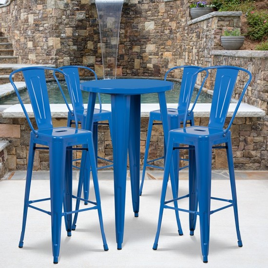 Commercial Grade 24" Round Blue Metal Indoor-Outdoor Bar Table Set with 4 Cafe Stools