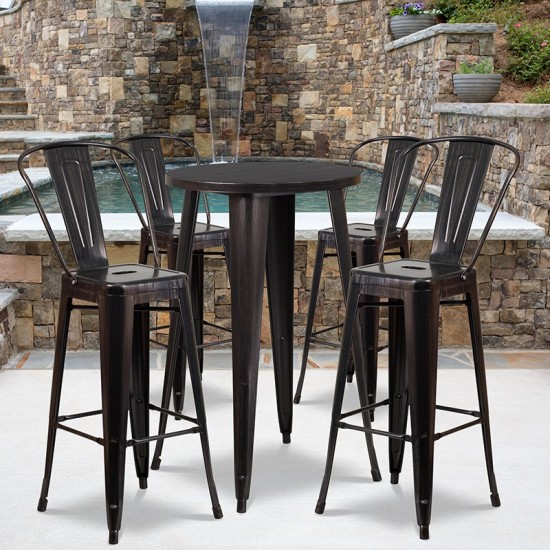 Commercial Grade 24" Round Black-Antique Gold Metal Indoor-Outdoor Bar Table Set with 4 Cafe Stools