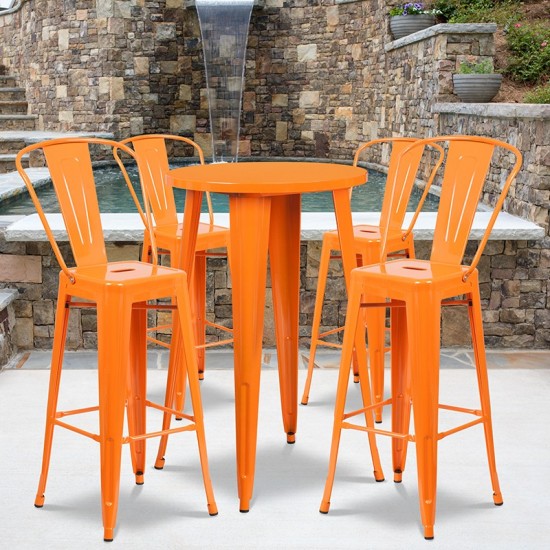 Commercial Grade 24" Round Orange Metal Indoor-Outdoor Bar Table Set with 4 Cafe Stools