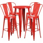 Commercial Grade 24" Round Red Metal Indoor-Outdoor Bar Table Set with 4 Cafe Stools