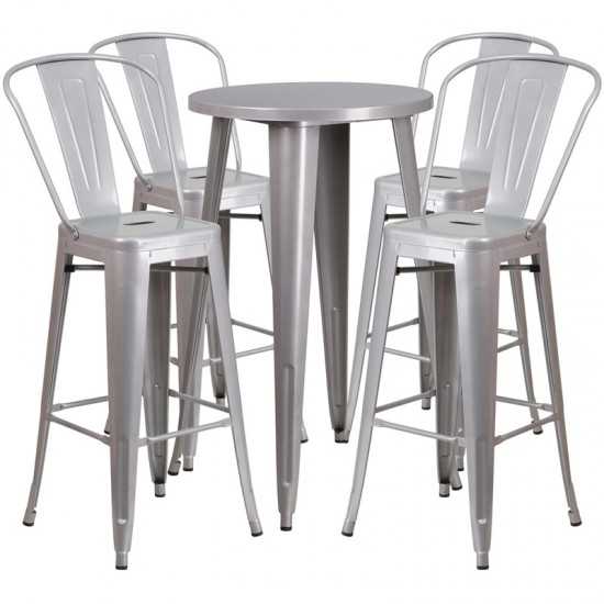 Commercial Grade 24" Round Silver Metal Indoor-Outdoor Bar Table Set with 4 Cafe Stools