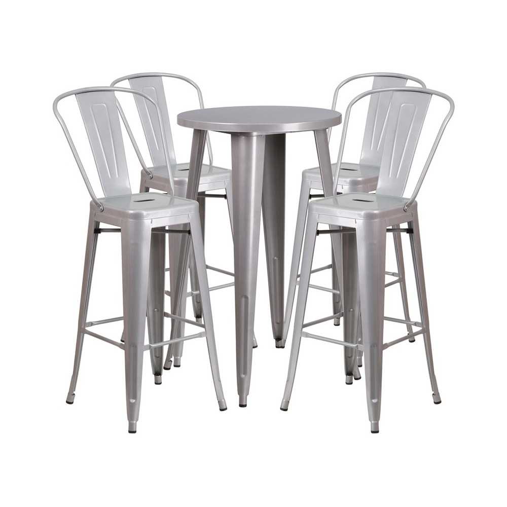 Commercial Grade 24" Round Silver Metal Indoor-Outdoor Bar Table Set with 4 Cafe Stools Commercial Grade 24" Round Silver Metal Indoor-Outdoor Bar Table Set with 4 Cafe Stools