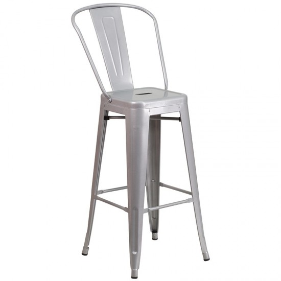 Commercial Grade 24" Round Silver Metal Indoor-Outdoor Bar Table Set with 4 Cafe Stools