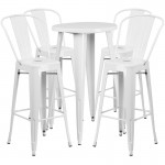 Commercial Grade 24" Round White Metal Indoor-Outdoor Bar Table Set with 4 Cafe Stools
