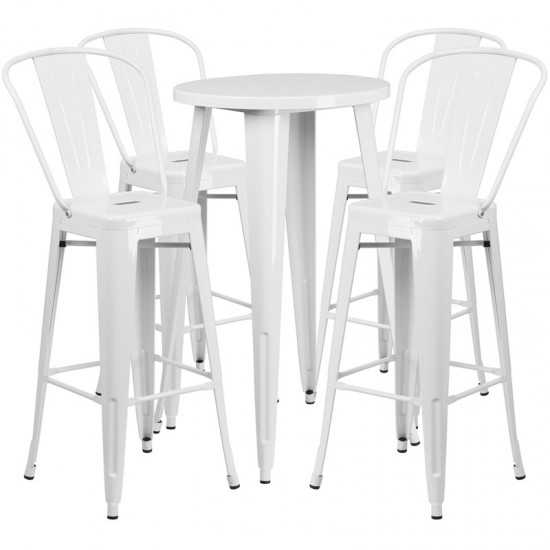 Commercial Grade 24" Round White Metal Indoor-Outdoor Bar Table Set with 4 Cafe Stools