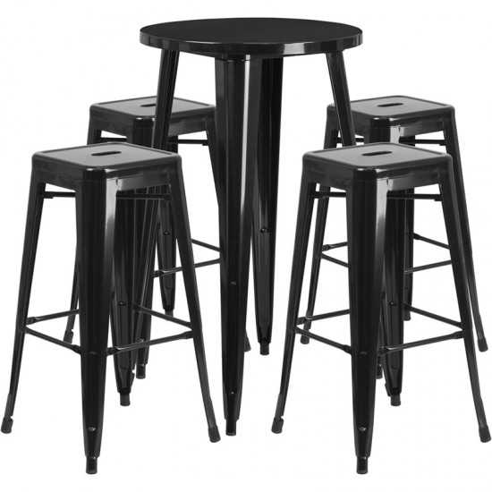 Commercial Grade 24" Round Black Metal Indoor-Outdoor Bar Table Set with 4 Square Seat Backless Stools