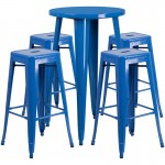 Commercial Grade 24" Round Blue Metal Indoor-Outdoor Bar Table Set with 4 Square Seat Backless Stools