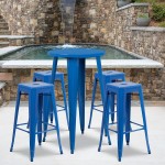 Commercial Grade 24" Round Blue Metal Indoor-Outdoor Bar Table Set with 4 Square Seat Backless Stools