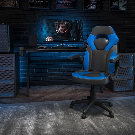 X10 Gaming Chair Racing Office Ergonomic Computer PC Adjustable Swivel Chair with Flip-up Arms, Blue/Black LeatherSoft