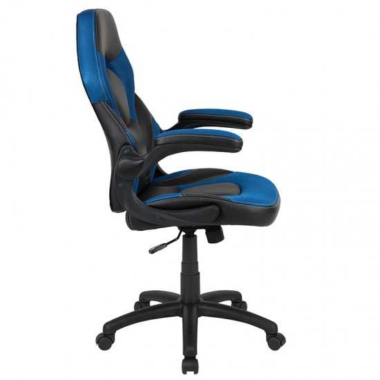 X10 Gaming Chair Racing Office Ergonomic Computer PC Adjustable Swivel Chair with Flip-up Arms, Blue/Black LeatherSoft