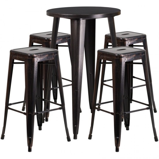 Commercial Grade 24" Round Black-Antique Gold Metal Indoor-Outdoor Bar Table Set with 4 Square Seat Backless Stools