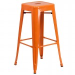 Commercial Grade 24" Round Orange Metal Indoor-Outdoor Bar Table Set with 4 Square Seat Backless Stools