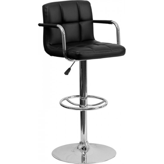 Contemporary Black Quilted Vinyl Adjustable Height Barstool with Arms and Chrome Base