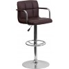 Contemporary Brown Quilted Vinyl Adjustable Height Barstool with Arms and Chrome Base