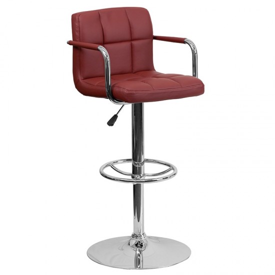 Contemporary Burgundy Quilted Vinyl Adjustable Height Barstool with Arms and Chrome Base