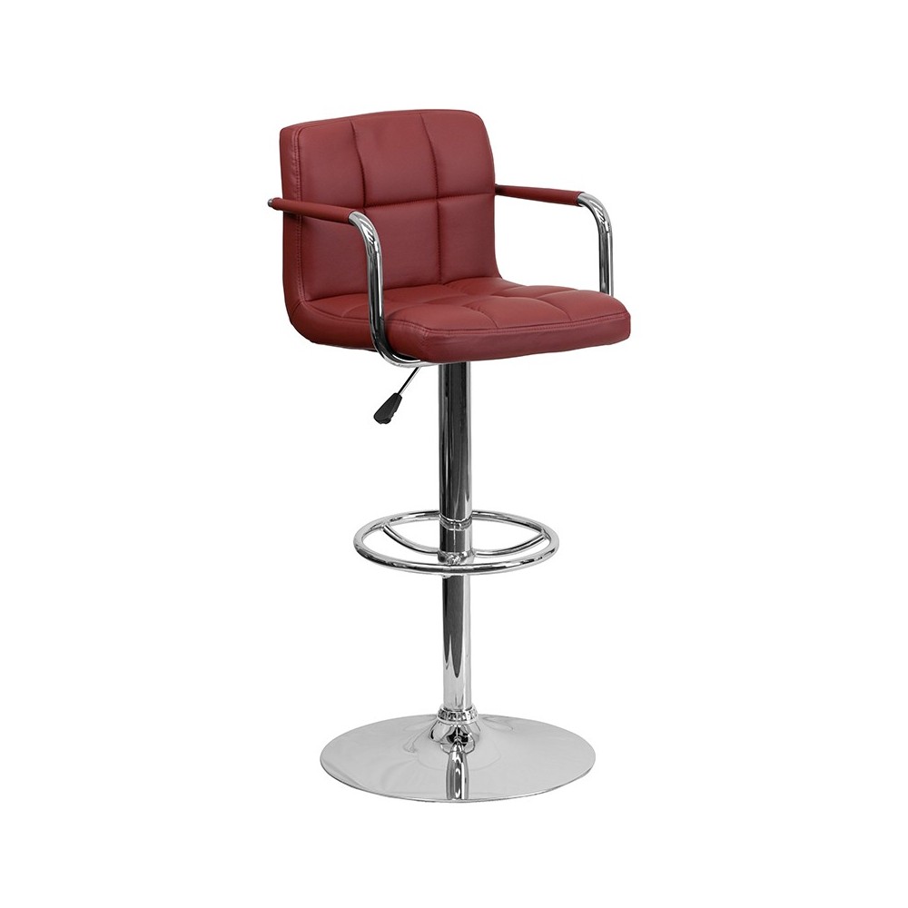 Contemporary Burgundy Quilted Vinyl Adjustable Height Barstool with Arms and Chrome Base