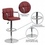 Contemporary Burgundy Quilted Vinyl Adjustable Height Barstool with Arms and Chrome Base