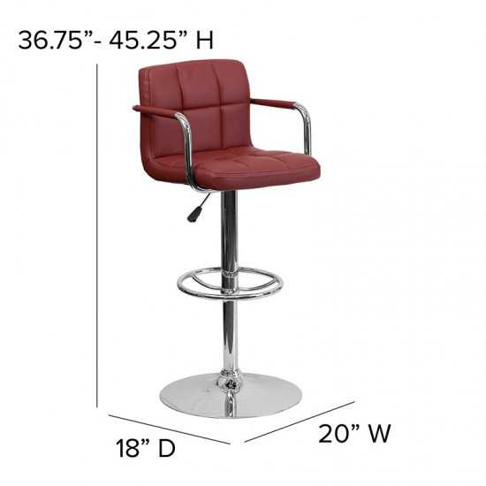 Contemporary Burgundy Quilted Vinyl Adjustable Height Barstool with Arms and Chrome Base