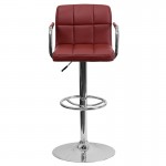 Contemporary Burgundy Quilted Vinyl Adjustable Height Barstool with Arms and Chrome Base