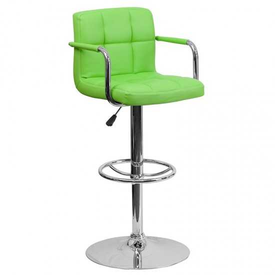 Contemporary Green Quilted Vinyl Adjustable Height Barstool with Arms and Chrome Base