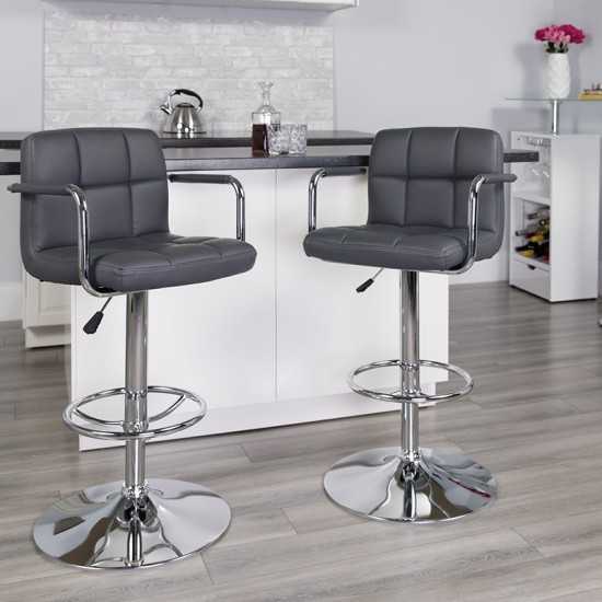 Contemporary Gray Quilted Vinyl Adjustable Height Barstool with Arms and Chrome Base