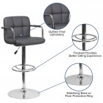 Contemporary Gray Quilted Vinyl Adjustable Height Barstool with Arms and Chrome Base