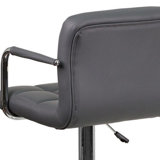 Contemporary Gray Quilted Vinyl Adjustable Height Barstool with Arms and Chrome Base