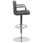 Contemporary Gray Quilted Vinyl Adjustable Height Barstool with Arms and Chrome Base