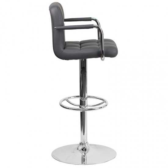 Contemporary Gray Quilted Vinyl Adjustable Height Barstool with Arms and Chrome Base