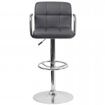 Contemporary Gray Quilted Vinyl Adjustable Height Barstool with Arms and Chrome Base