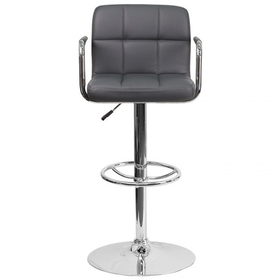 Contemporary Gray Quilted Vinyl Adjustable Height Barstool with Arms and Chrome Base