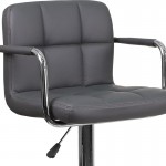 Contemporary Gray Quilted Vinyl Adjustable Height Barstool with Arms and Chrome Base