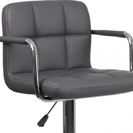 Contemporary Gray Quilted Vinyl Adjustable Height Barstool with Arms and Chrome Base