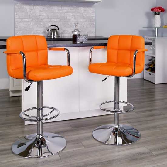 Contemporary Orange Quilted Vinyl Adjustable Height Barstool with Arms and Chrome Base