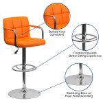 Contemporary Orange Quilted Vinyl Adjustable Height Barstool with Arms and Chrome Base