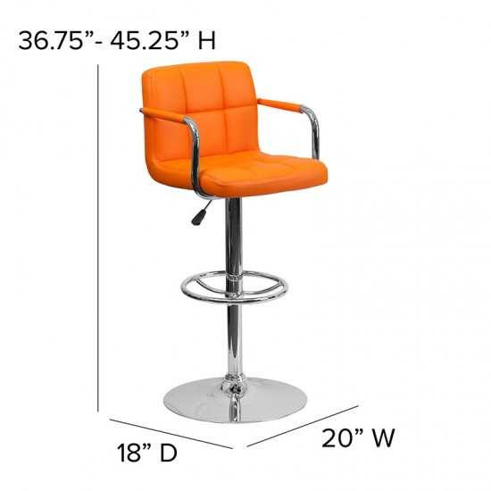 Contemporary Orange Quilted Vinyl Adjustable Height Barstool with Arms and Chrome Base