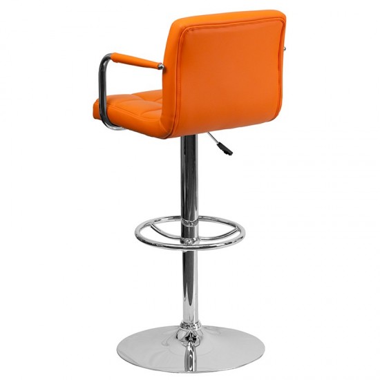 Contemporary Orange Quilted Vinyl Adjustable Height Barstool with Arms and Chrome Base