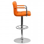 Contemporary Orange Quilted Vinyl Adjustable Height Barstool with Arms and Chrome Base